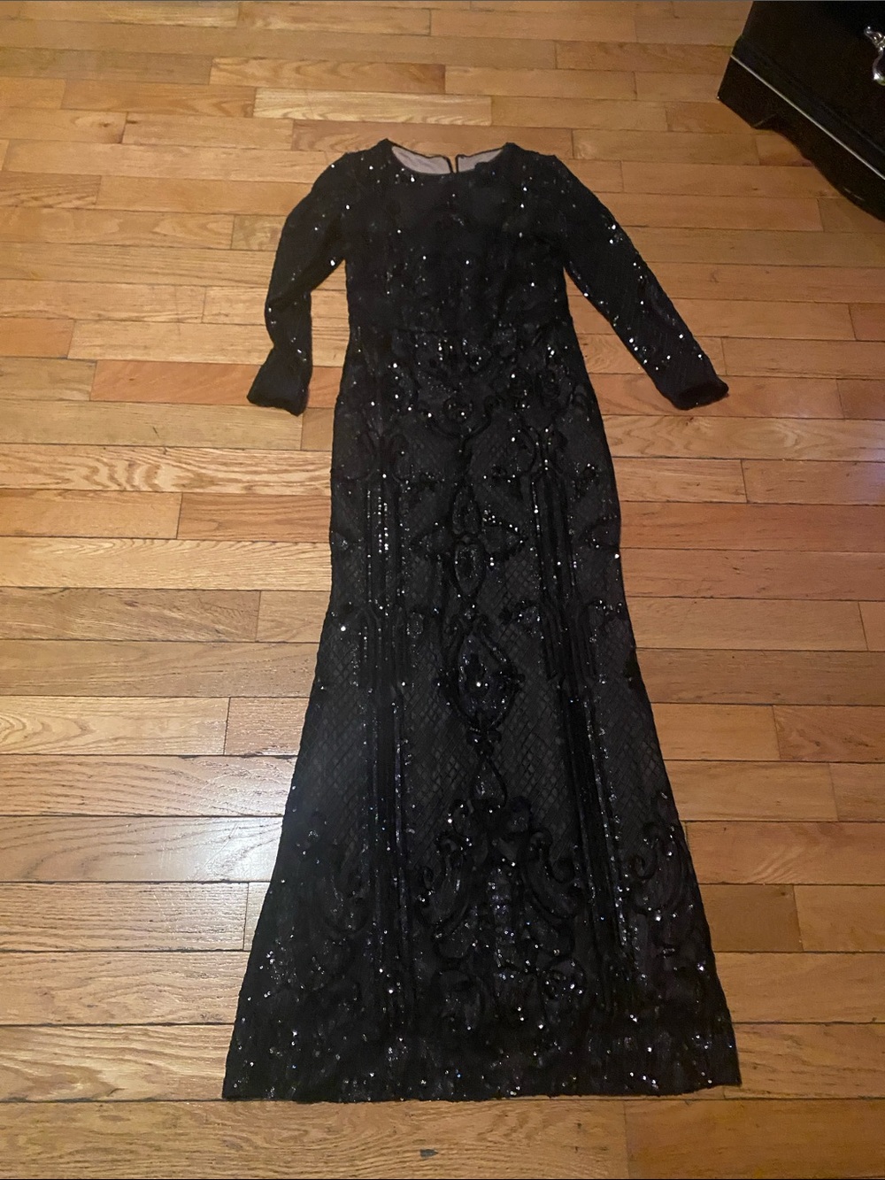Betsy & Adam Black Long-Sleeve Sequin Evening Gown